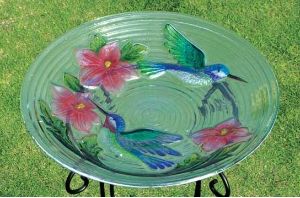 Hummingbird Couple birdbath - hand painted glass birdbath