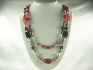 Multi-Gemstones Necklace - Black Onyx, Pearl, Red Jade, Red Garnet, Carnelian , Cherry Quartz and Red Coral ( one of a kind)