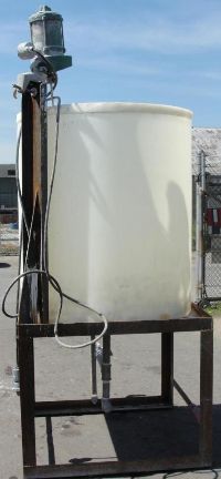 Poly Tanks: Used 300 gallon poly dish bottom mixing tank with explosion proof motor
