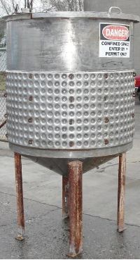 Stainless Steel Tanks: Used G H Hicks 250 gallon vertical half dimple jacketed open top conical bottom stainless steel tank
