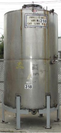 Stainless Steel Tanks: Used 1190 gallon vertical 304 stainless steel sloped bottom storage tank