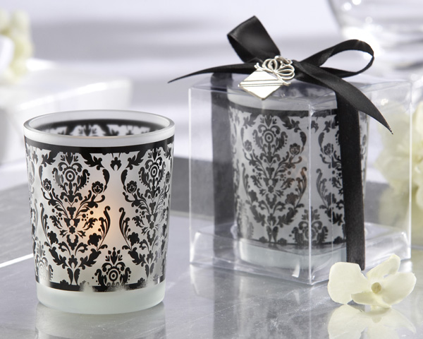 �Damask Traditions� Black and White Frosted Glass Tea Light Holder with Kate Aspen Signature Charm