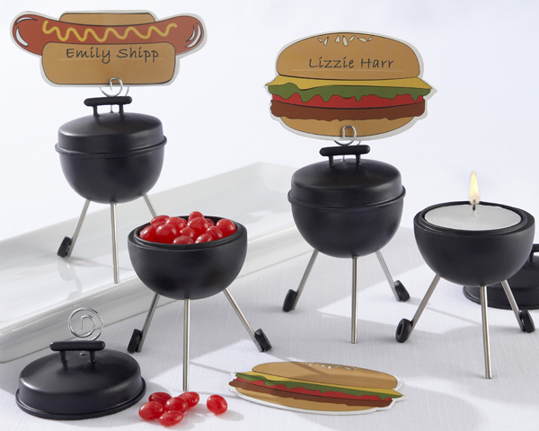 �Hot off the Grill!� Mini-Grill Tea Light/Place Card Holders w/ Hamburger & Hotdog Place Cards (S/4)