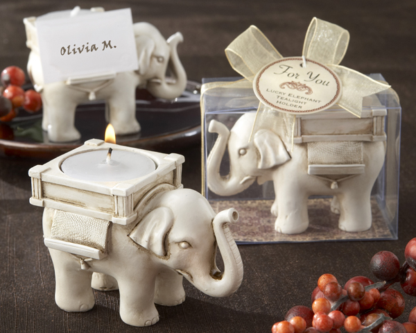 �Lucky Elephant� Antique Ivory-Finish Tea Light Holder Candle Favor