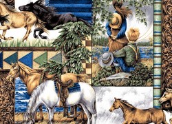 Horses on Blue scarlet, Ruby Red, Golden Yellow, Grass & Forest Green, White, Black, Grey, Candy Pink, Dark Blue western themed print features lil' cowboys cowgirls lassos steer horses starry sky stripes decorated boots, steer heads phrases Whoa, Lil' Doggie Round 'Em Up Western horses horse equine Baby & Toddler Quilts Quilt Comforter Comforters Duvet Duvets Bed Bedroom Girl Boy Girls Boys Toddler Infant Infants Newborns Newborn Nursery Bedding Set Sets products items Baby & Toddler Crib Bedding Horse - Western Nursery Accessories
